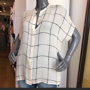 Vince 100% silk white and black band collar dolman sleeve top, blouse